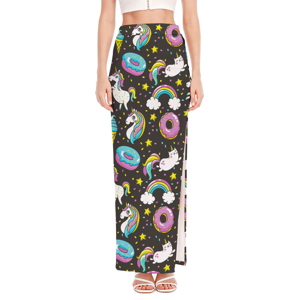 Girly Unicorn Donut Pattern Print High Slit Maxi Skirt