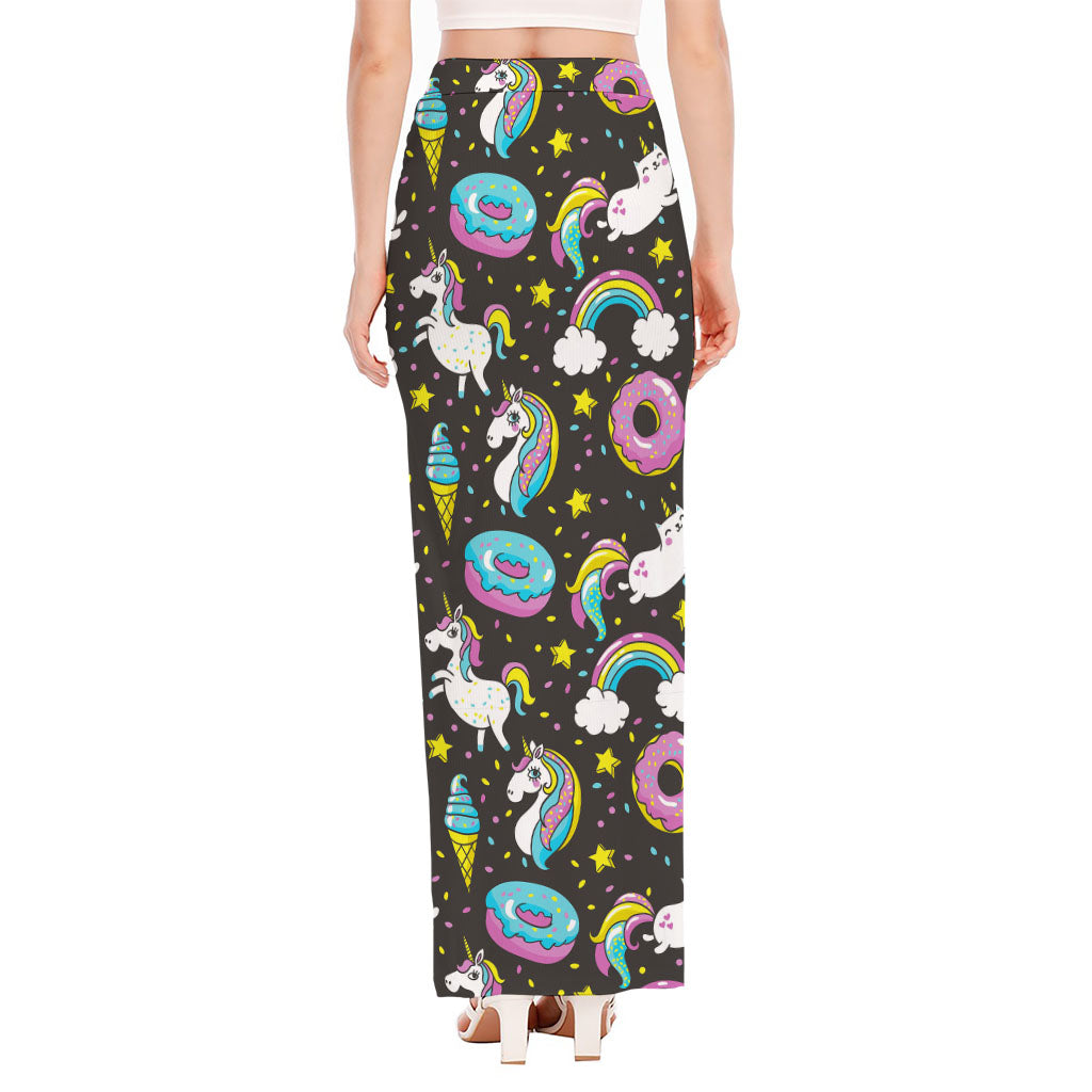 Girly Unicorn Donut Pattern Print High Slit Maxi Skirt