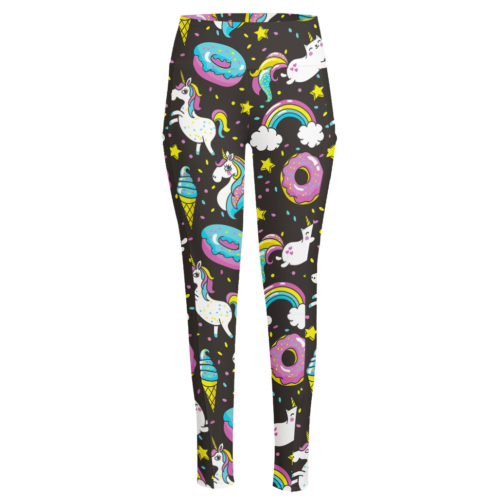 Girly Unicorn Donut Pattern Print High-Waisted Pocket Leggings