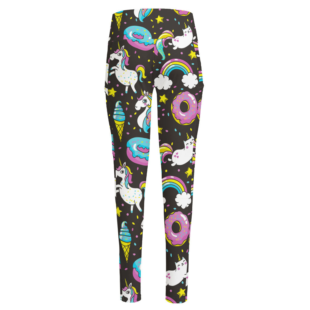 Girly Unicorn Donut Pattern Print High-Waisted Pocket Leggings