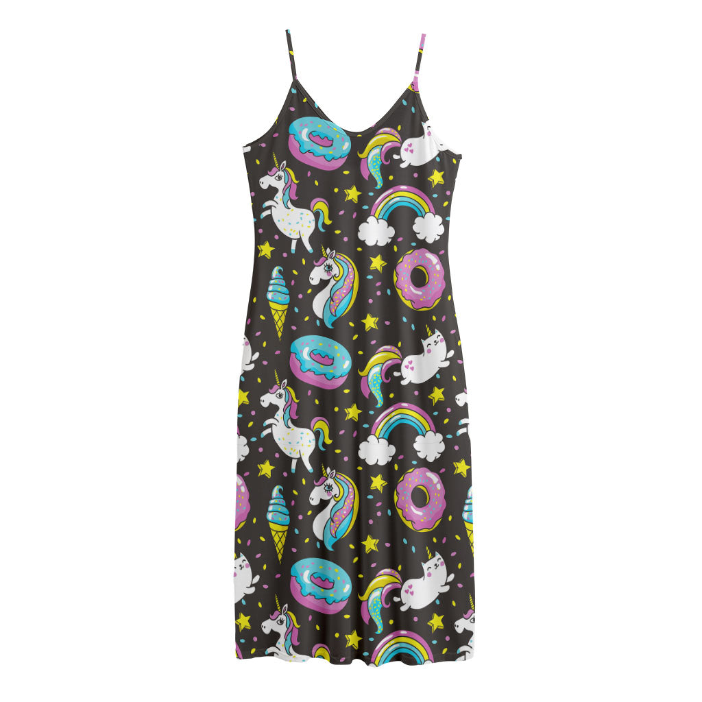 Girly Unicorn Donut Pattern Print Jersey Midi Cami Dress