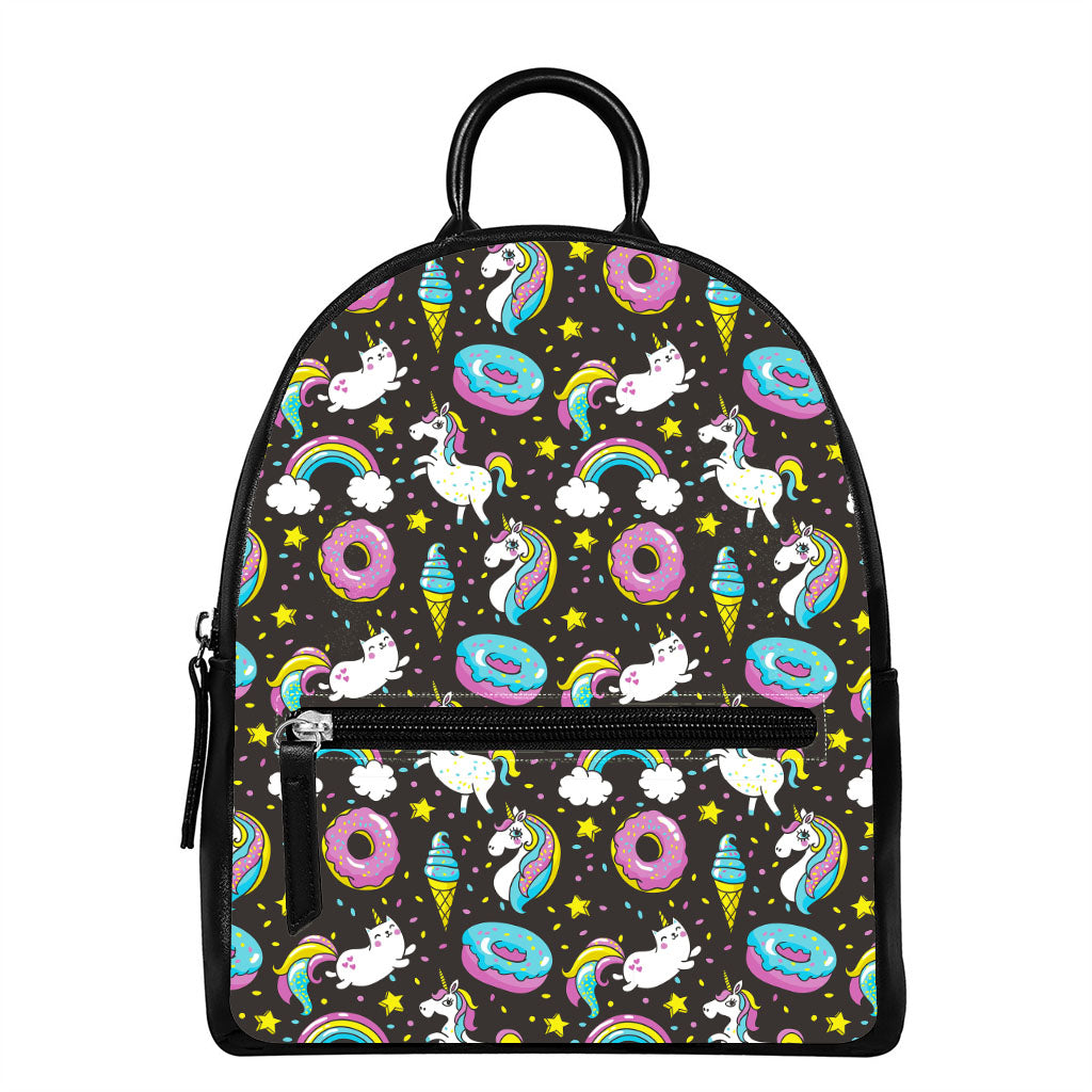 Girly Unicorn Donut Pattern Print Leather Backpack