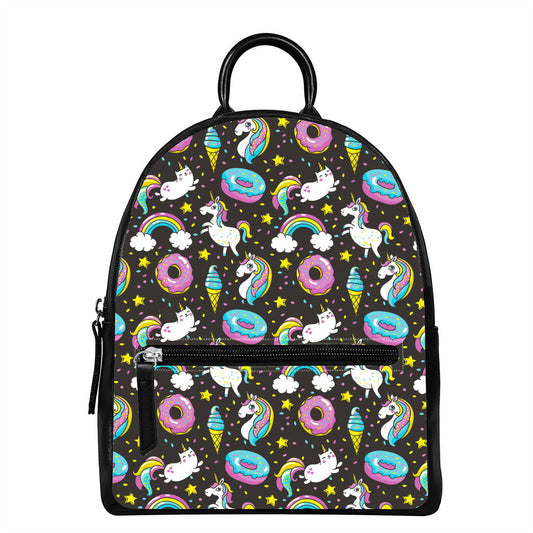 Girly Unicorn Donut Pattern Print Leather Backpack