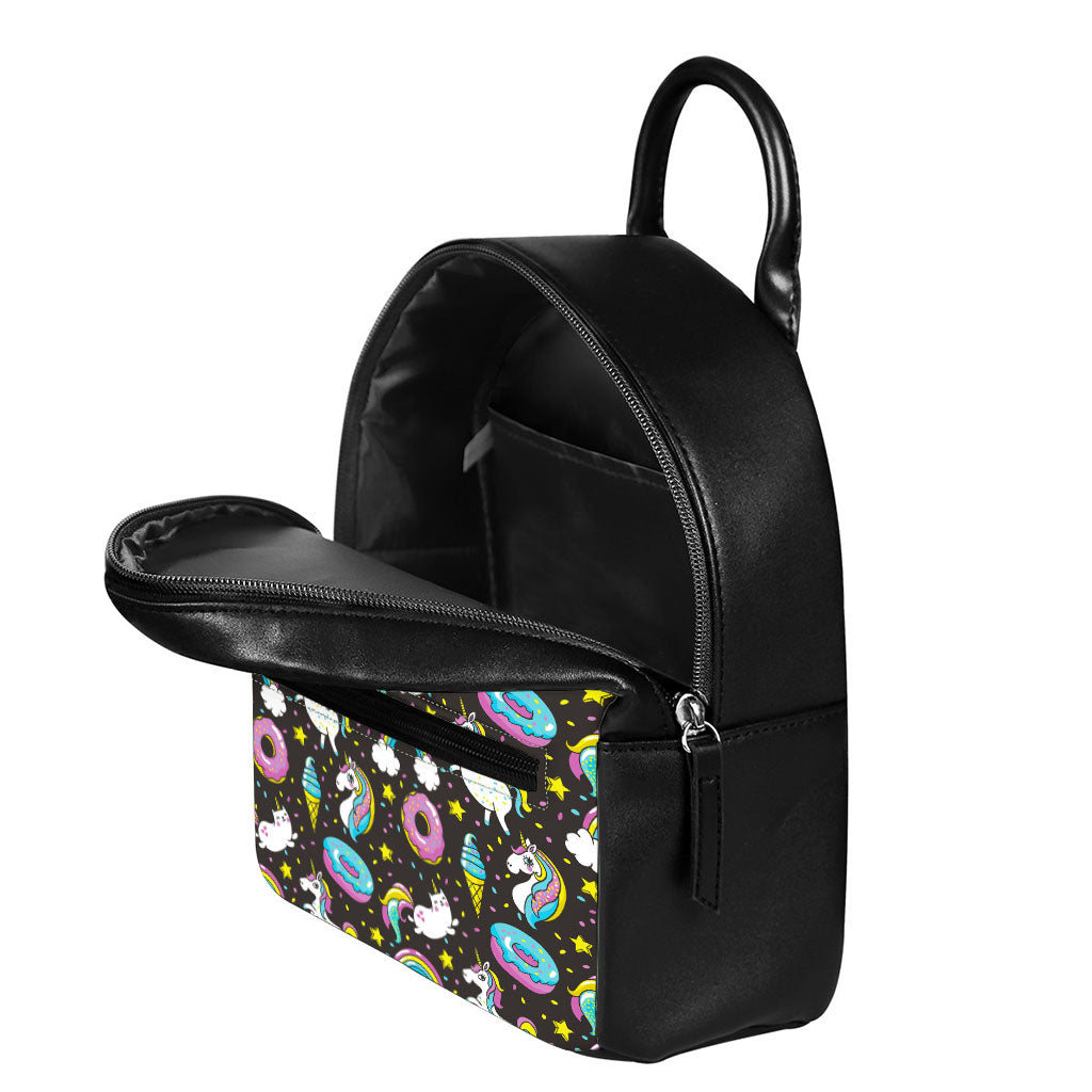 Girly Unicorn Donut Pattern Print Leather Backpack