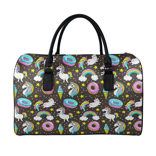Girly Unicorn Donut Pattern Print Leather Duffle Bag