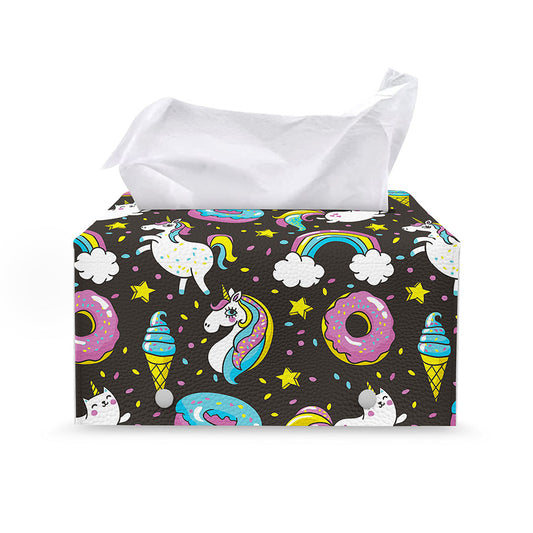 Girly Unicorn Donut Pattern Print Leather Tissue Box Cover