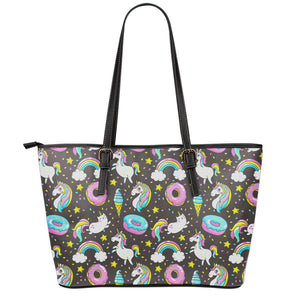 Girly Unicorn Donut Pattern Print Leather Tote Bag
