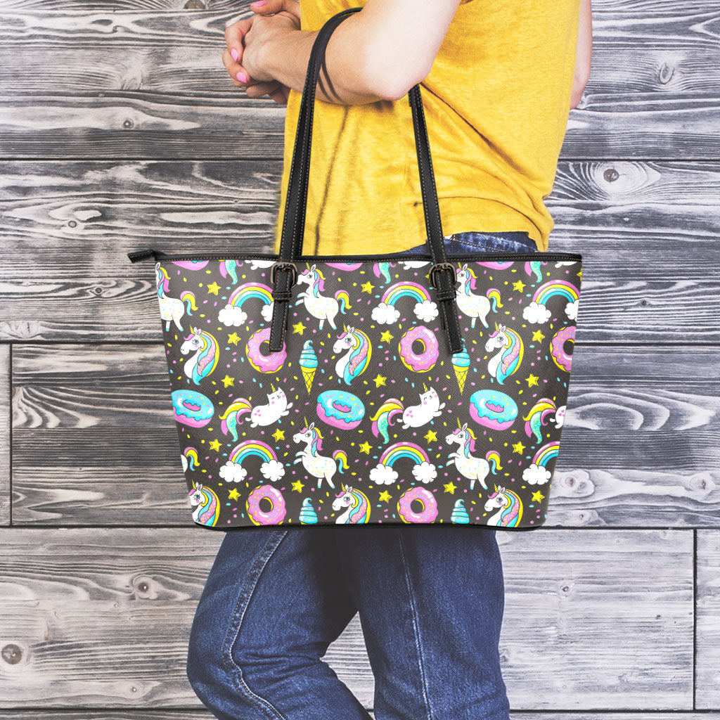 Girly Unicorn Donut Pattern Print Leather Tote Bag