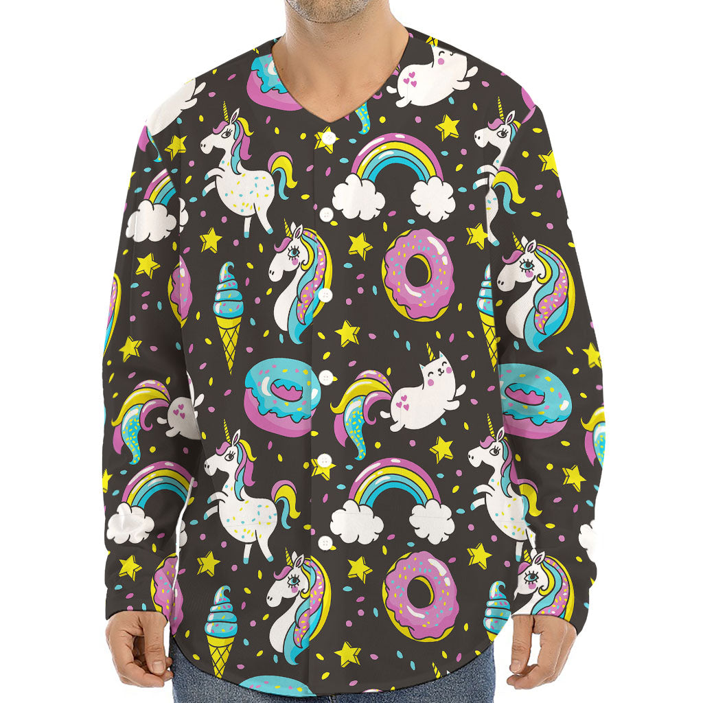 Girly Unicorn Donut Pattern Print Long Sleeve Baseball Jersey