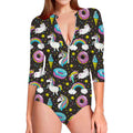 Girly Unicorn Donut Pattern Print Long Sleeve Swimsuit