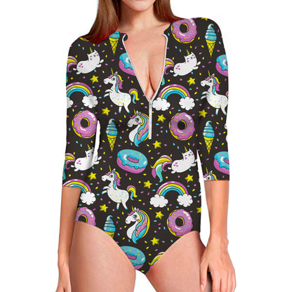 Girly Unicorn Donut Pattern Print Long Sleeve Swimsuit