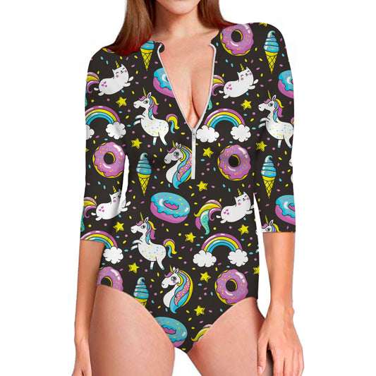 Girly Unicorn Donut Pattern Print Long Sleeve Swimsuit