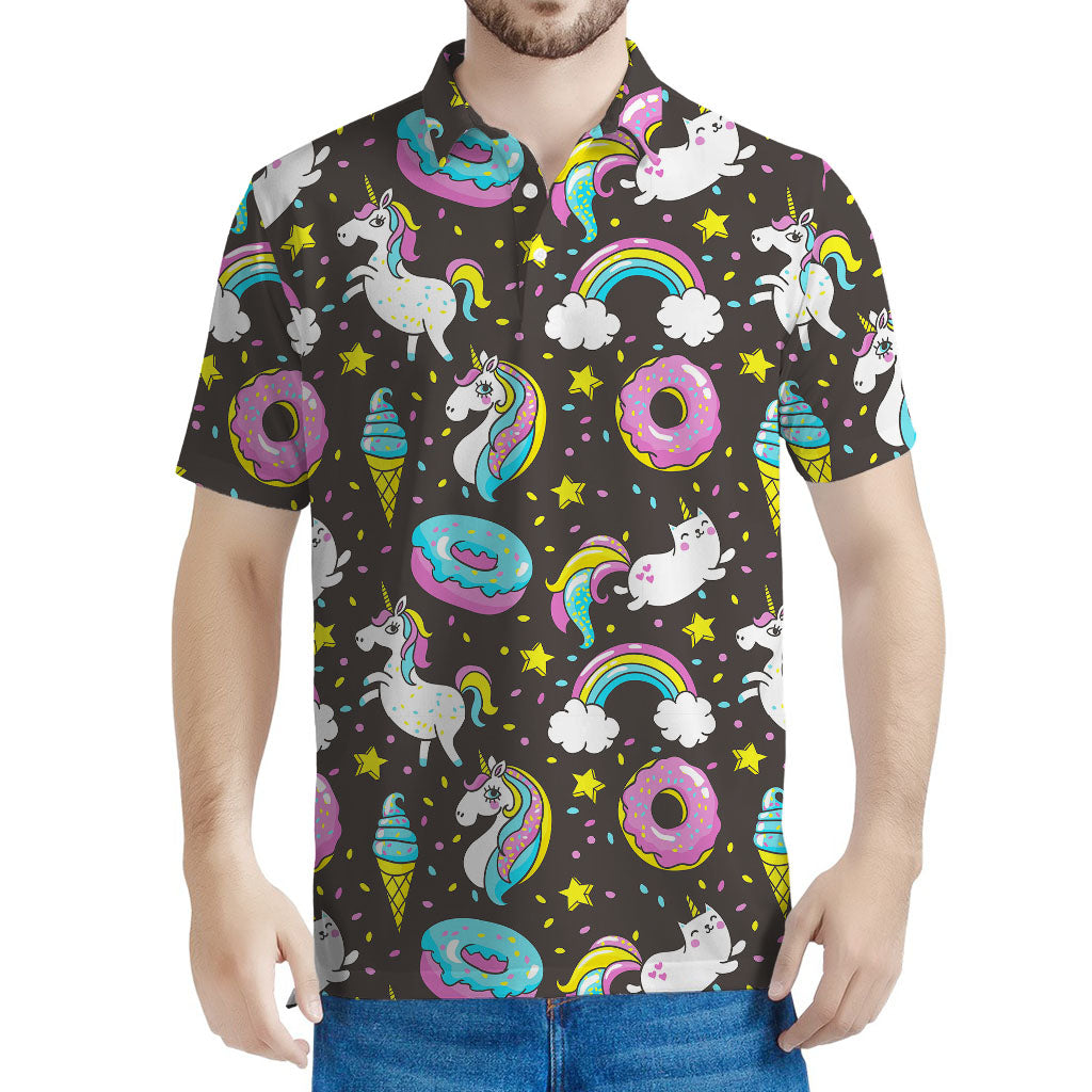 Girly Unicorn Donut Pattern Print Men's Polo Shirt