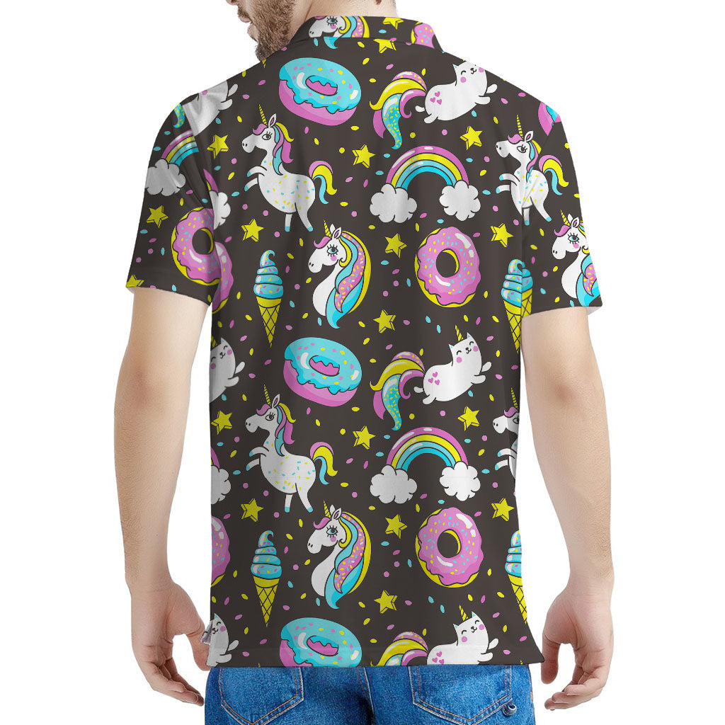 Girly Unicorn Donut Pattern Print Men's Polo Shirt