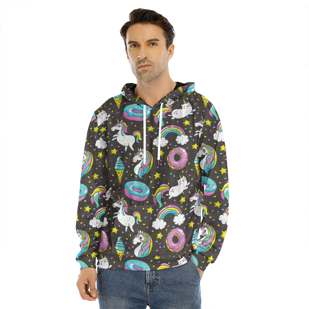 Girly Unicorn Donut Pattern Print Men's Velvet Pullover Hoodie