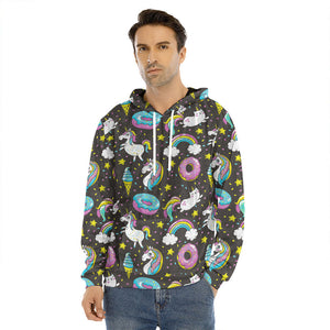 Girly Unicorn Donut Pattern Print Men's Velvet Pullover Hoodie