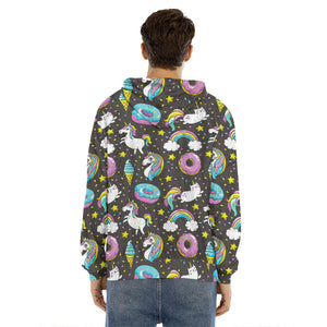 Girly Unicorn Donut Pattern Print Men's Velvet Pullover Hoodie