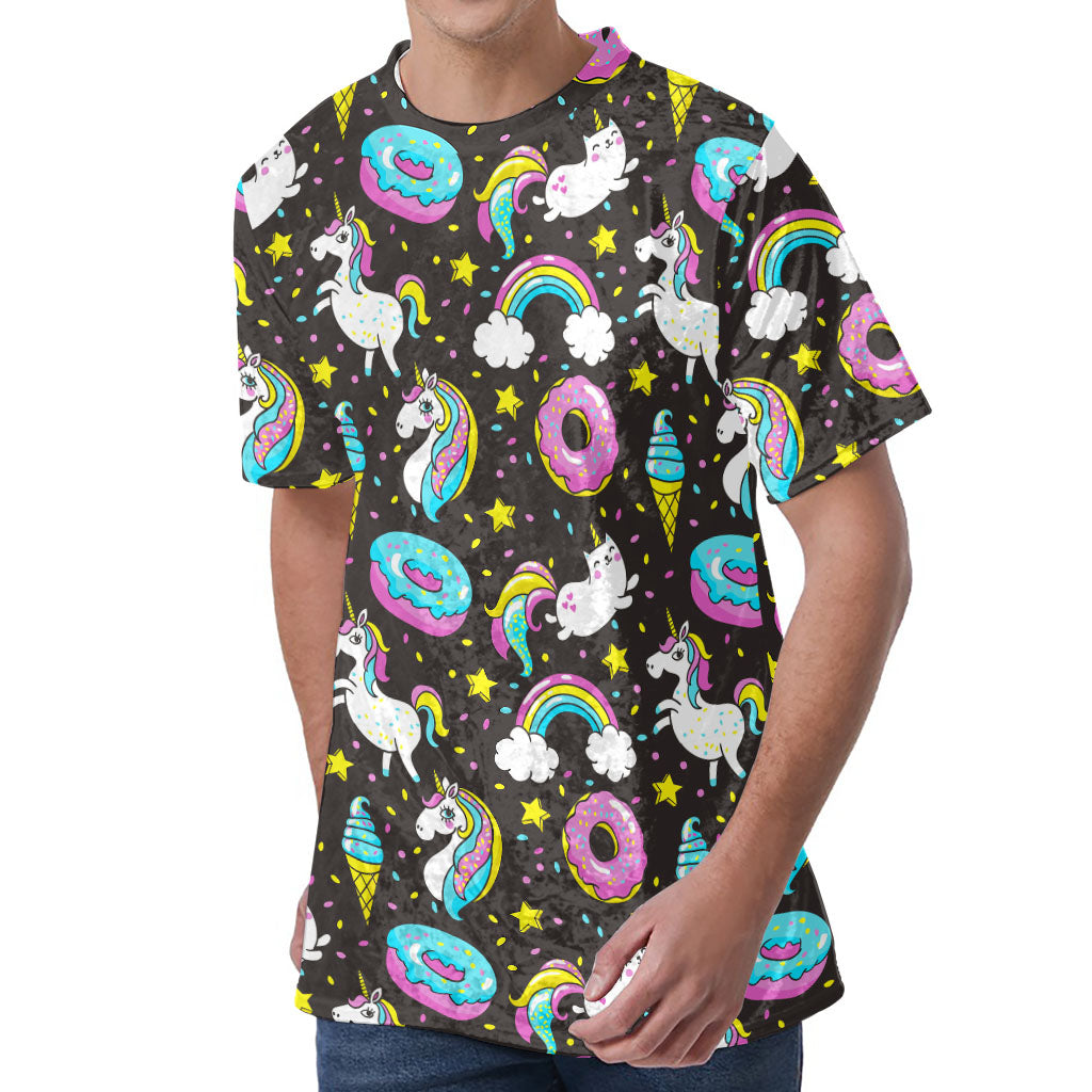 Girly Unicorn Donut Pattern Print Men's Velvet T-Shirt