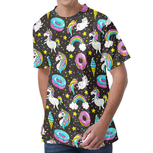 Girly Unicorn Donut Pattern Print Men's Velvet T-Shirt