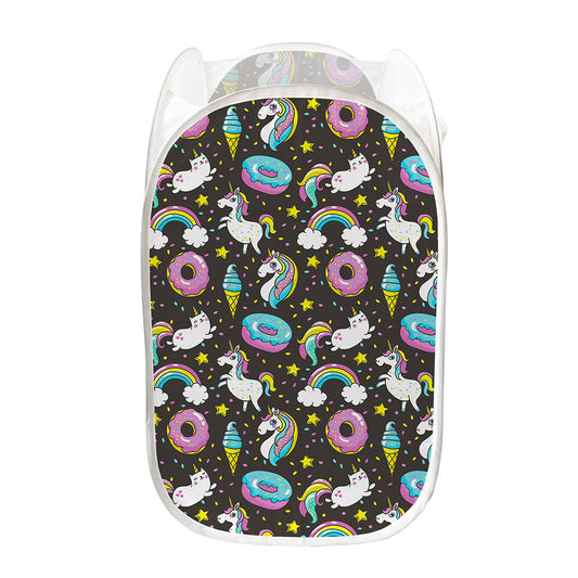 Girly Unicorn Donut Pattern Print Mesh Laundry Hamper