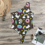 Girly Unicorn Donut Pattern Print One Shoulder Bodysuit