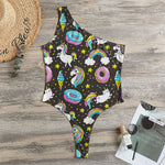 Girly Unicorn Donut Pattern Print One Shoulder Bodysuit