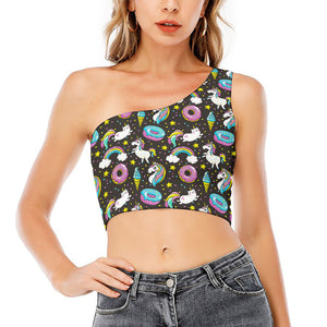 Girly Unicorn Donut Pattern Print One Shoulder Crop Top