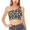 Girly Unicorn Donut Pattern Print One Shoulder Crop Top