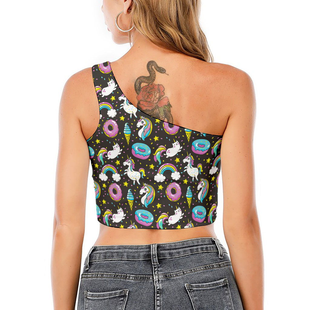 Girly Unicorn Donut Pattern Print One Shoulder Crop Top