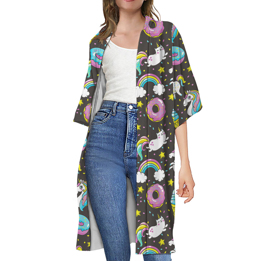 Girly Unicorn Donut Pattern Print Open Front Beach Cover Up