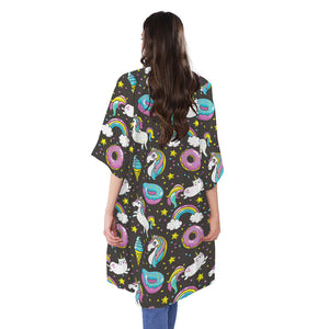 Girly Unicorn Donut Pattern Print Open Front Beach Cover Up