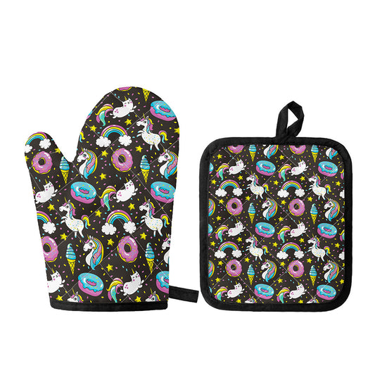Girly Unicorn Donut Pattern Print Oven Mitt And Pot Holder Set