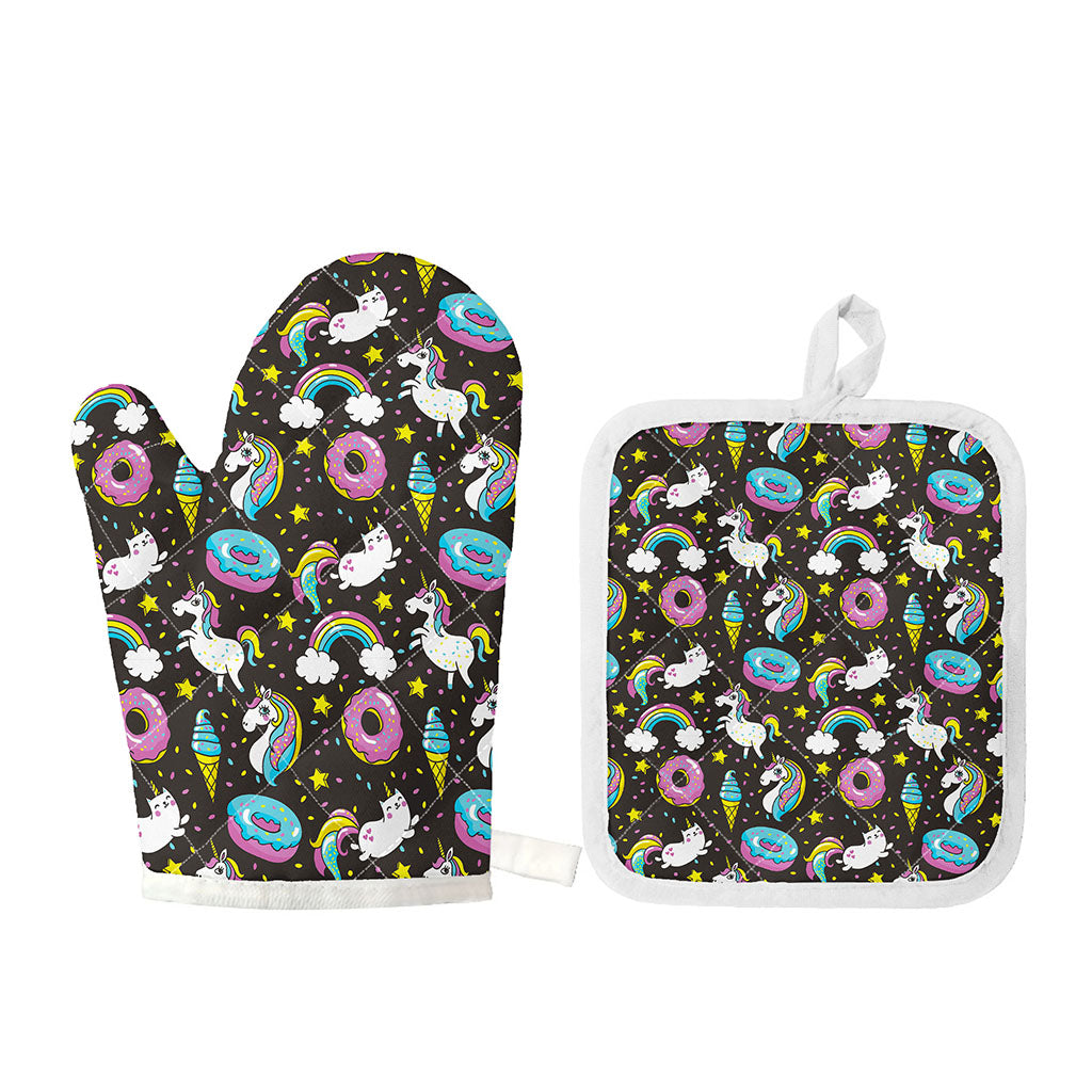 Girly Unicorn Donut Pattern Print Oven Mitt And Pot Holder Set