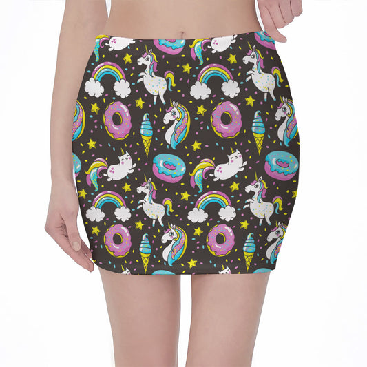Girly Unicorn Donut Pattern Print Pencil Mini Skirt
