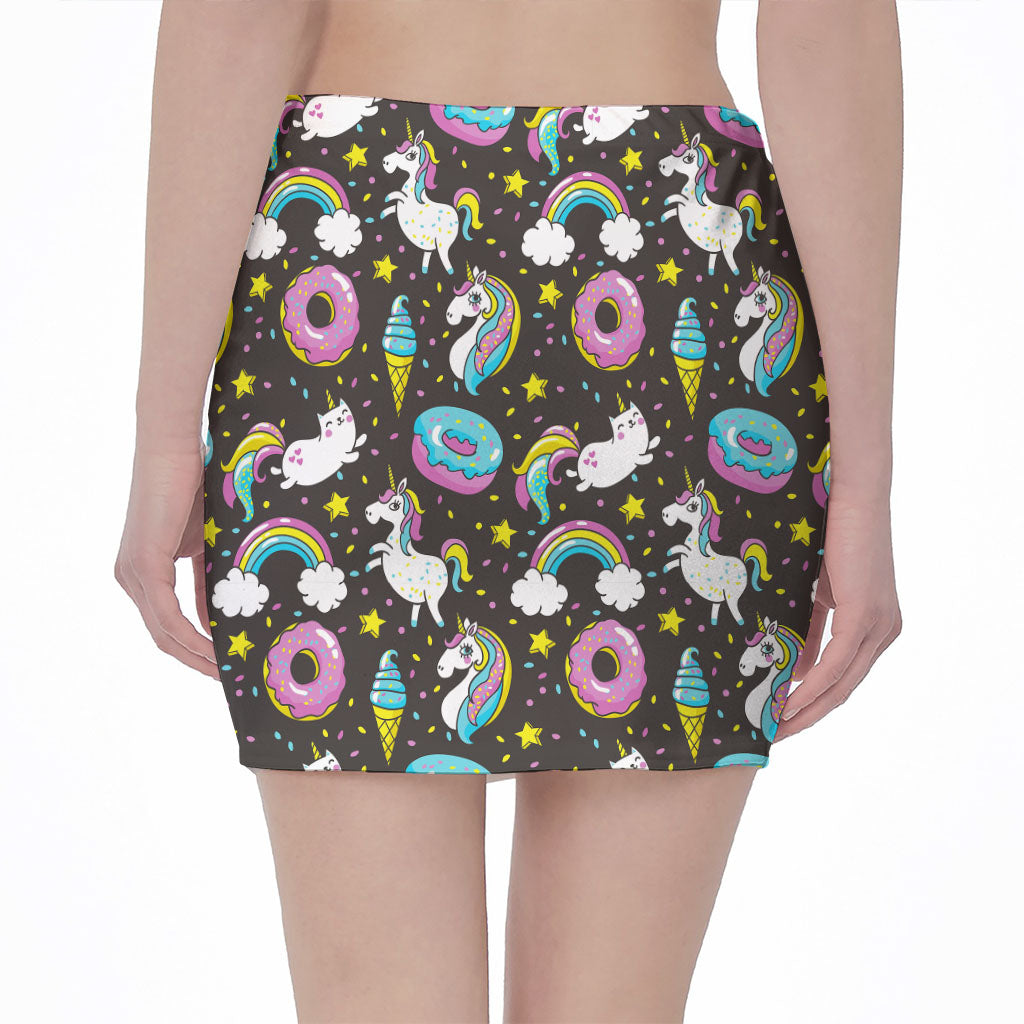 Girly Unicorn Donut Pattern Print Pencil Mini Skirt
