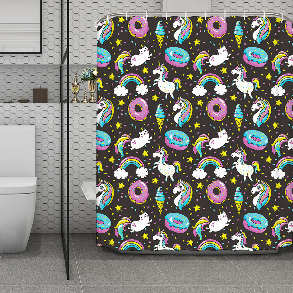 Girly Unicorn Donut Pattern Print Polyester Shower Curtain