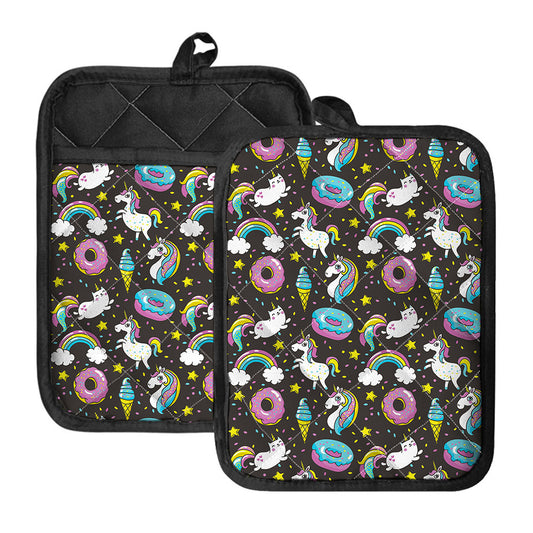 Girly Unicorn Donut Pattern Print Pot Holders With Pocket