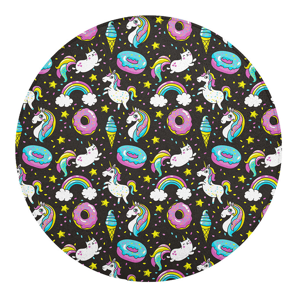 Girly Unicorn Donut Pattern Print Round Blanket