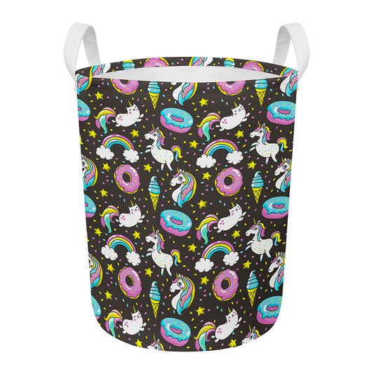 Girly Unicorn Donut Pattern Print Round Laundry Basket