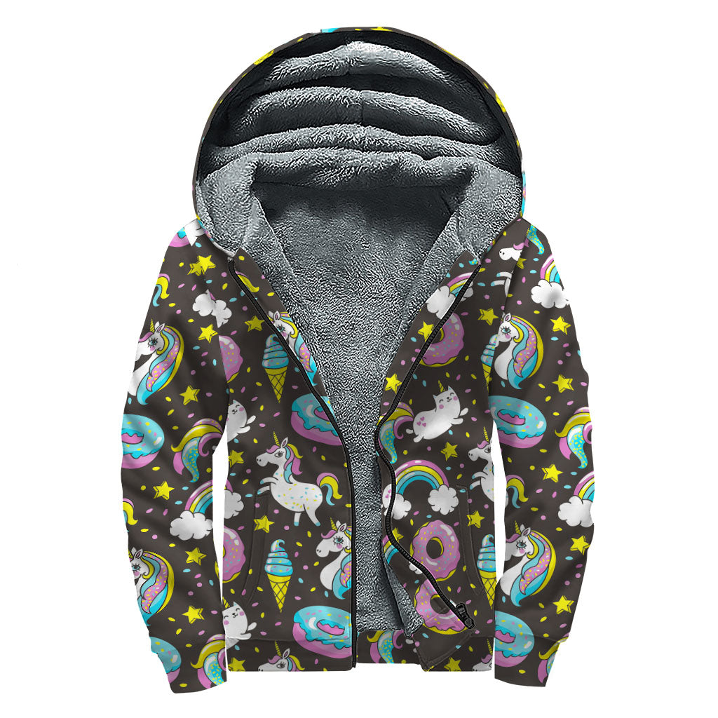 Girly Unicorn Donut Pattern Print Sherpa Lined Zip Up Hoodie