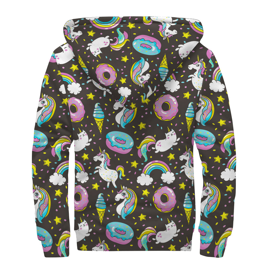 Girly Unicorn Donut Pattern Print Sherpa Lined Zip Up Hoodie