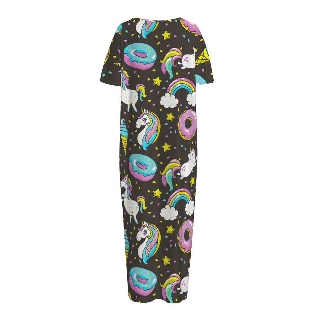 Girly Unicorn Donut Pattern Print Short Sleeve Long Nightdress