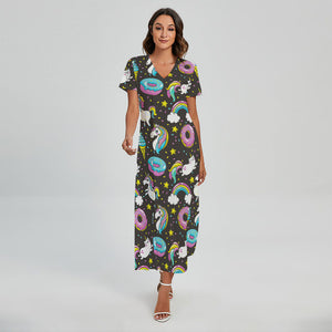 Girly Unicorn Donut Pattern Print Short Sleeve Maxi Dress