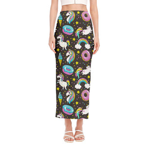 Girly Unicorn Donut Pattern Print Side Slit Maxi Skirt