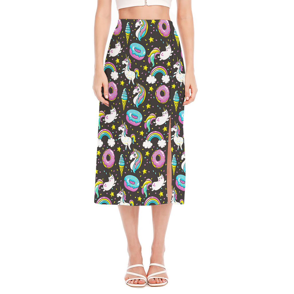 Girly Unicorn Donut Pattern Print Side Slit Midi Skirt