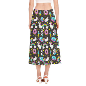 Girly Unicorn Donut Pattern Print Side Slit Midi Skirt