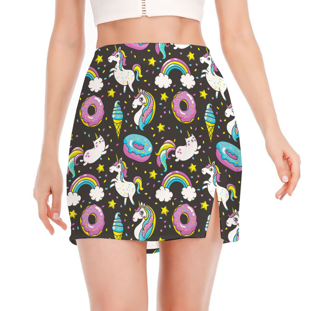 Girly Unicorn Donut Pattern Print Side Slit Mini Skirt