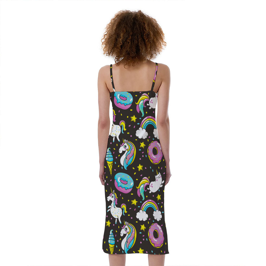 Girly Unicorn Donut Pattern Print Slim Fit Midi Cami Dress