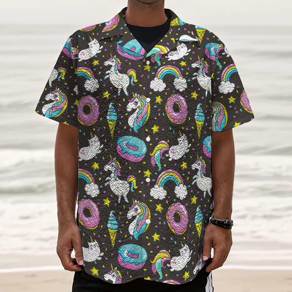 Girly Unicorn Donut Pattern Print Textured Short Sleeve Shirt