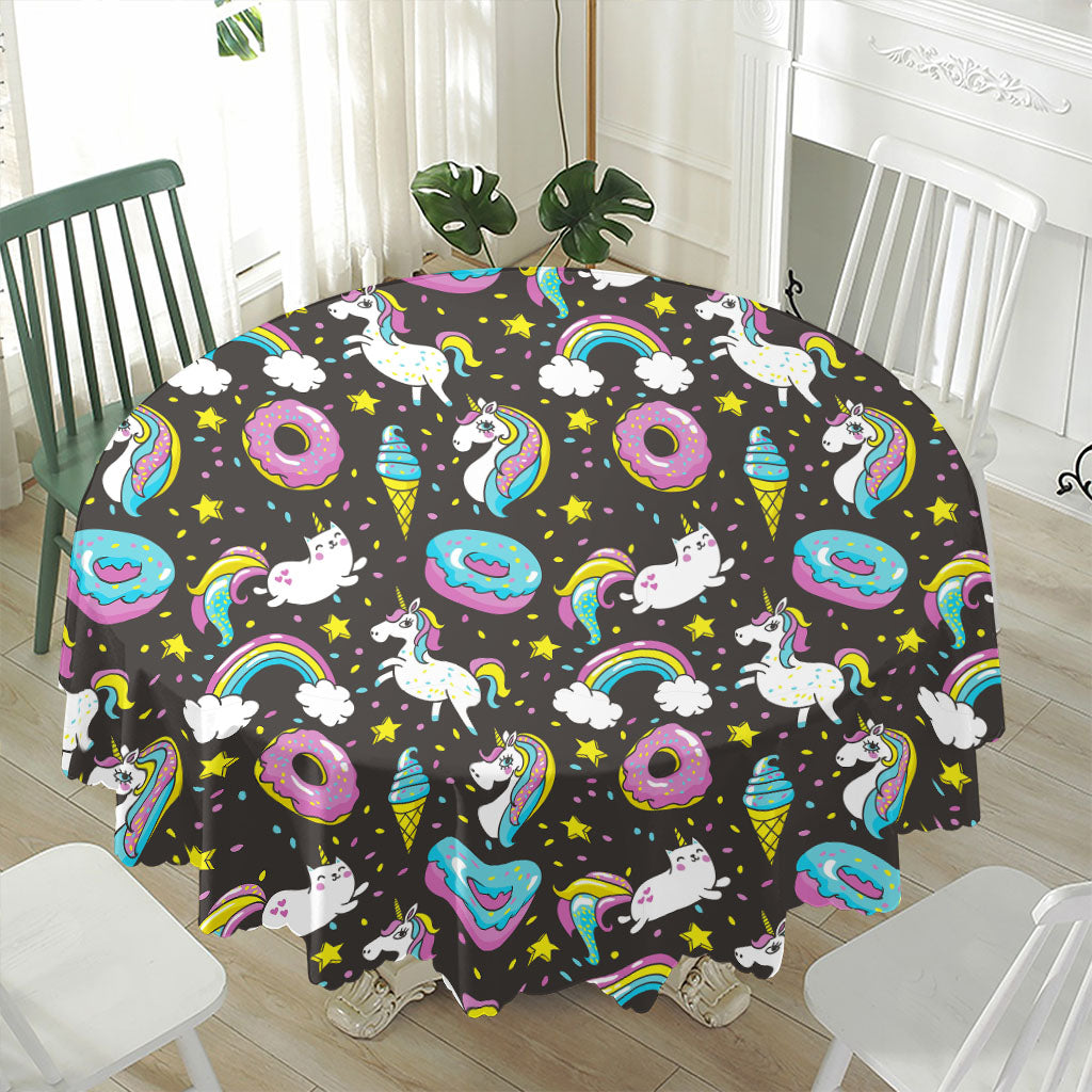 Girly Unicorn Donut Pattern Print Waterproof Round Tablecloth